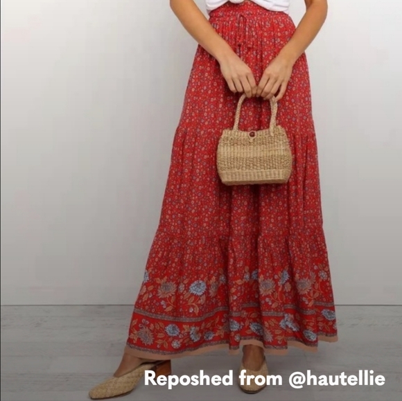 Hautellie Boutique Cotton Maxi Skirt Red Floral Print Ruffle Tier Size Med NWOT - Picture 7 of 16